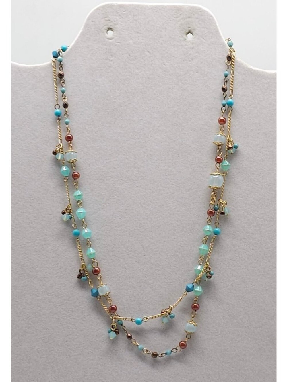 Vintage Beaded Gold Tone Chain Necklace With Turquoise Colored Accents 16 Inches